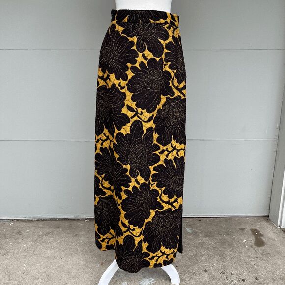 VTG 70s Jacquard Floral Maxi Skirt Union Made Bold Yellow Black Sustainable M 6– - Picture 1 of 2